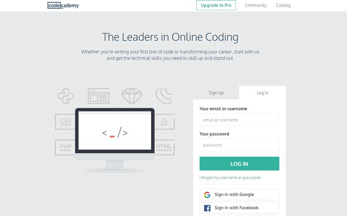 la home page di codeacademy, ottima risorsa per imparare a programmare seguendo tutorial dinamici